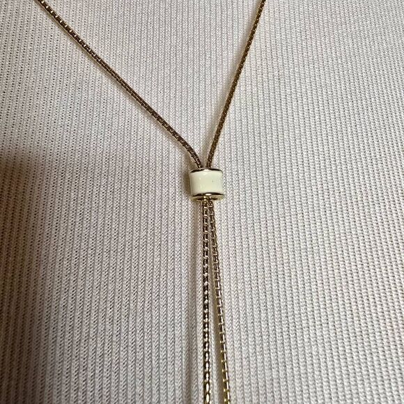 Talbots Double Adjustable Slider Tassle Chain Pendant Necklace Gold White Cream - Picture 6 of 7